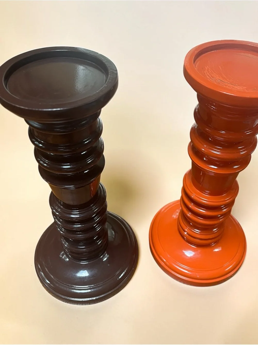 Pottery Barn Orange and Brown Turned Wood Candle Holders, Pair - 11.25” tall